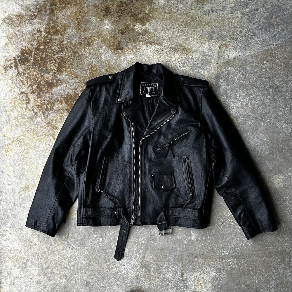 Barneys Leather Moto Jacket Mens Black Biker Zip Belted Classic Motorcycle